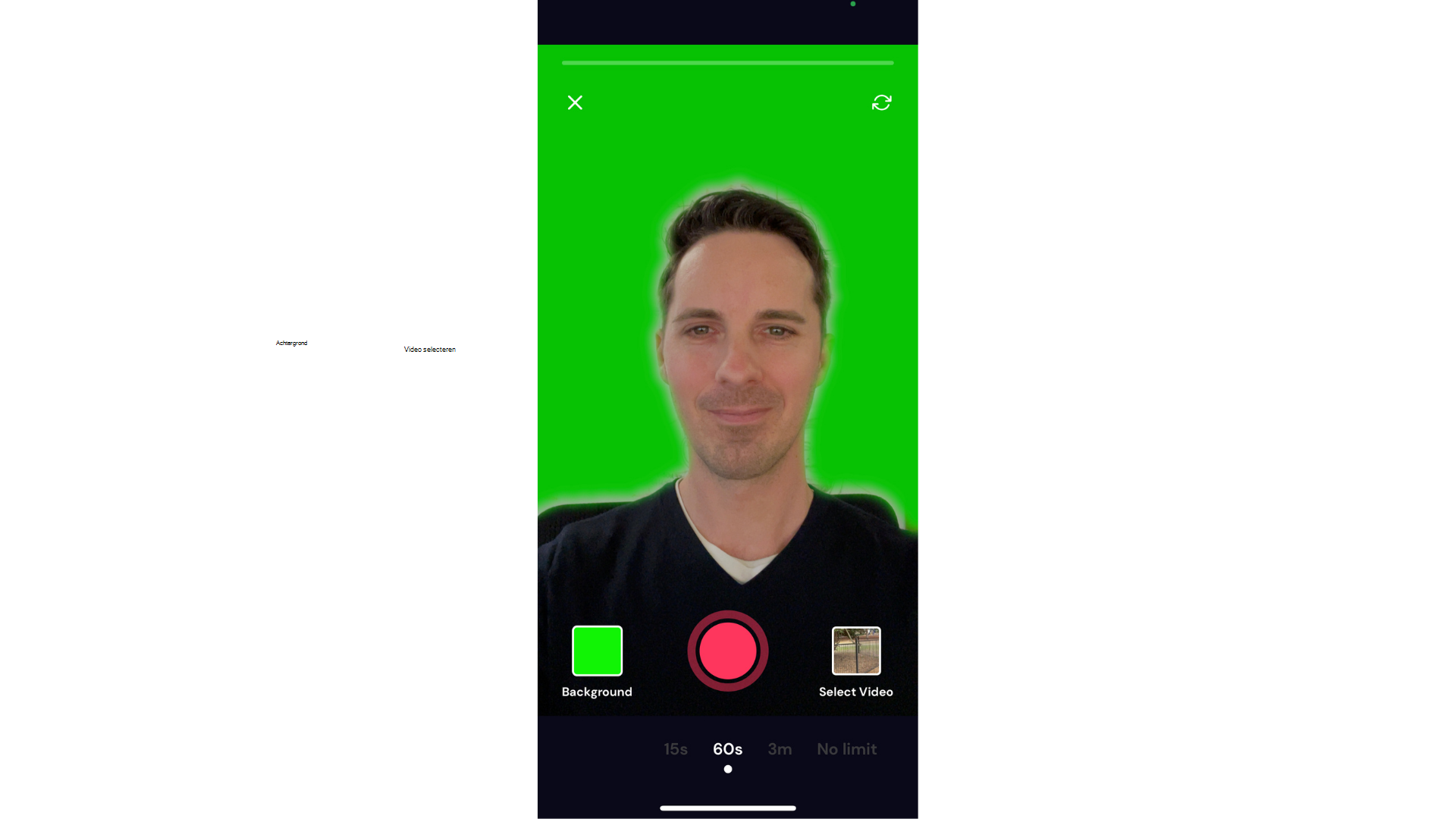 Gebruiker die het groene scherm-effect gebruikt in de Cliphcamp iOS-app