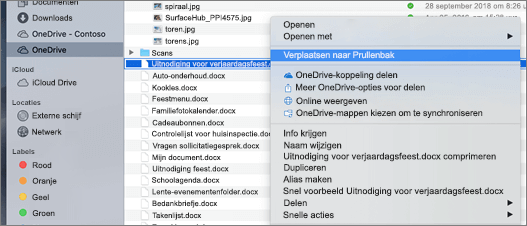 Met de rechtermuisknop op menuselectie voor het verwijderen van een bestand uit OneDrive in Mac Finder