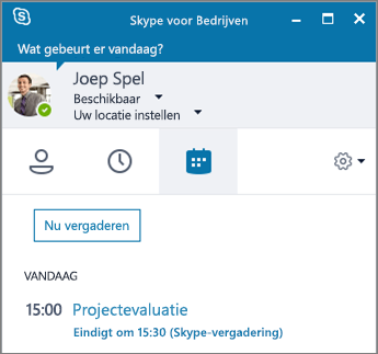 Schermafbeelding van het tabblad Vergaderingen in het venster van Skype voor Bedrijven.