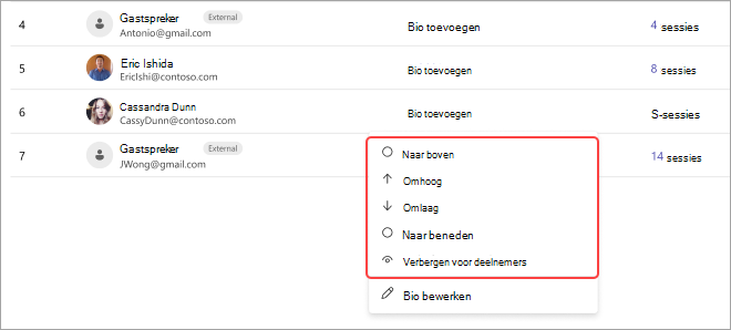 Een schermopname van de Teams-vergadering met de lijst met deelnemers en opties om hun positie aan te passen: boven, omhoog, omlaag, onder of verbergen.