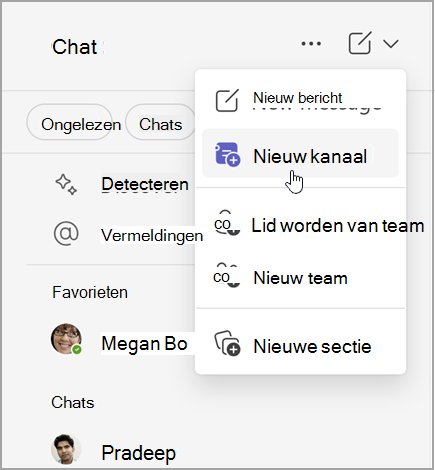 Schermopname van Microsoft Teams-chat met opties voor het maken van een nieuw bericht, nieuw kanaal of nieuw team. U kunt ook lid worden van een team of een nieuwe sectie maken.