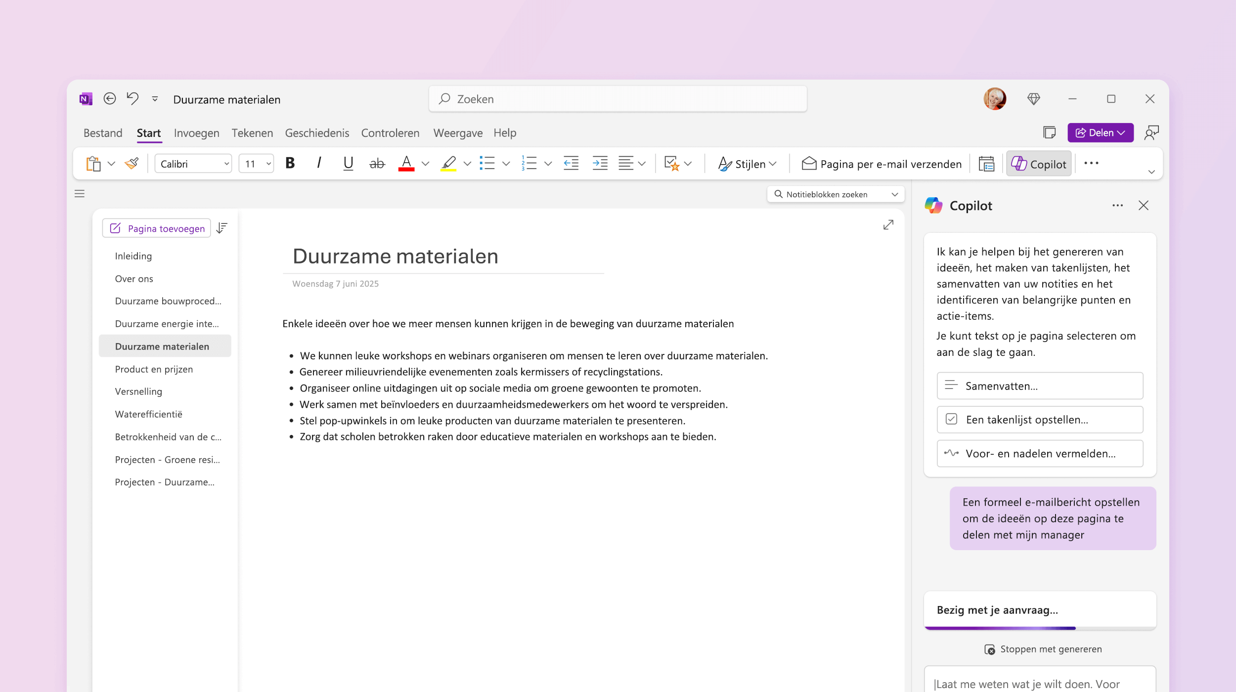 Schermopname van Copilot in OneNote die een plan maakt.