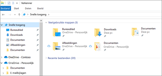 Verkenner in Windows 10 met bureaublad-, documenten- en afbeeldingenmappen in OneDrive
