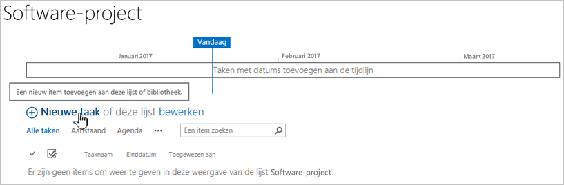 Tijdlijn van taken, klik op Nieuw + om taken toe te voegen