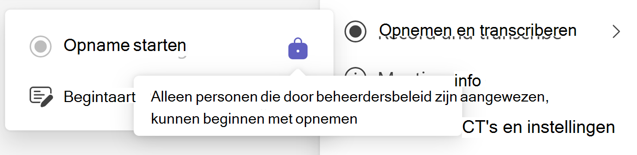Schermopname van de knop Opname starten in Teams met vergrendelingspictogram en knopinfo