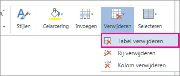 Afbeelding van een deel van het pop-upmenu dat wordt geopend wanneer u de inhoud van een tabelcel selecteert in Word Web App, waarbij de optie Tabel verwijderen is gemarkeerd.