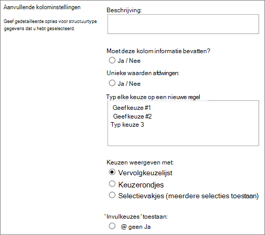 Opties voor keuzekolommen