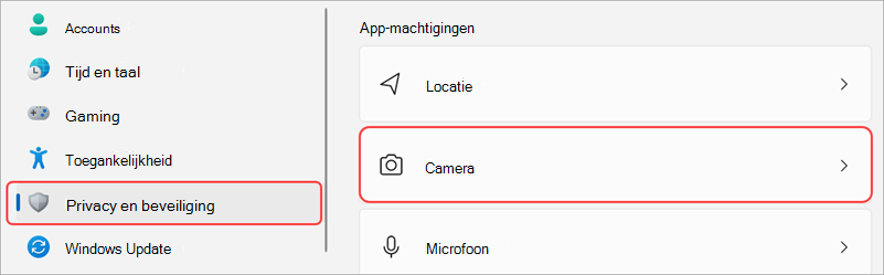 Windows-instellingen met de gebruikersinterface van de camera gemarkeerd.
