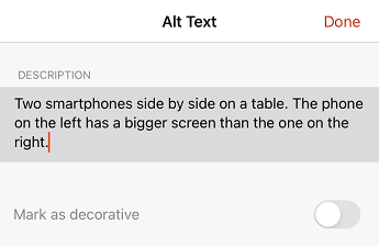 Het dialoogvenster Alternatieve tekst in PowerPoint voor iOS.