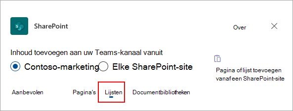 Selecteer Lijsten om lijsten toe te voegen aan uw Teams-kanaal.