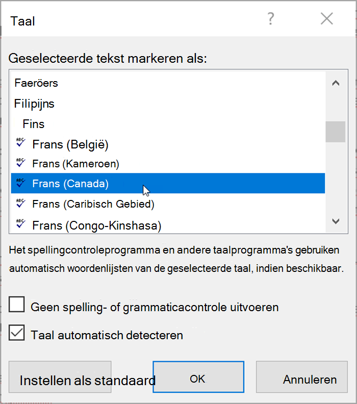 Schermafbeelding van Word. Pop-up bevat talen die kunnen worden geselecteerd. 'Taal automatisch detecteren' wordt ingeschakeld. 