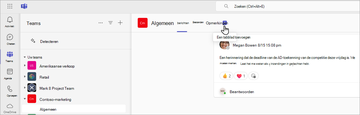 Een nieuw tabblad toevoegen in Teams met behulp van een SharePoint-URL.