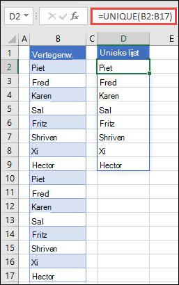 De functie UNIEK voor het sorteren van een lijst met namen