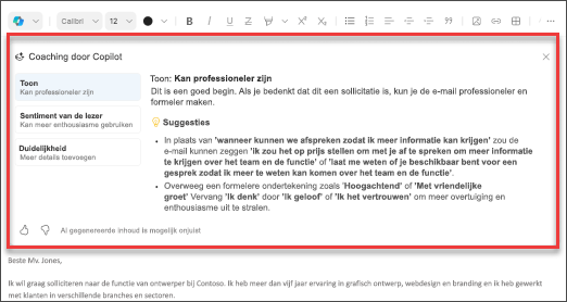 Suggesties van Copilot voor toon, helderheid en lezerssentiment in Outlook voor mobiel