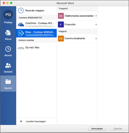 Het dialoogvenster Bestand openen in Microsoft Word voor Mac voor Office 365