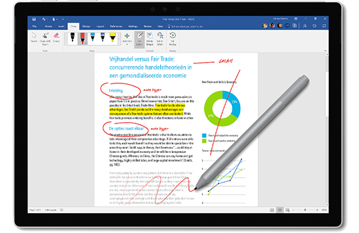 Afbeelding van de Surface-pen die een document markeert.