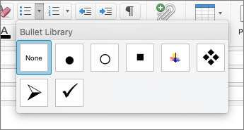 Beschikbare opties voor opsommingstekens in de bibliotheek opsommingstekens in Outlook voor Mac.