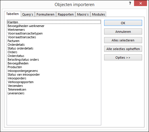 De te importeren objecten selecteren in het dialoogvenster Objecten importeren