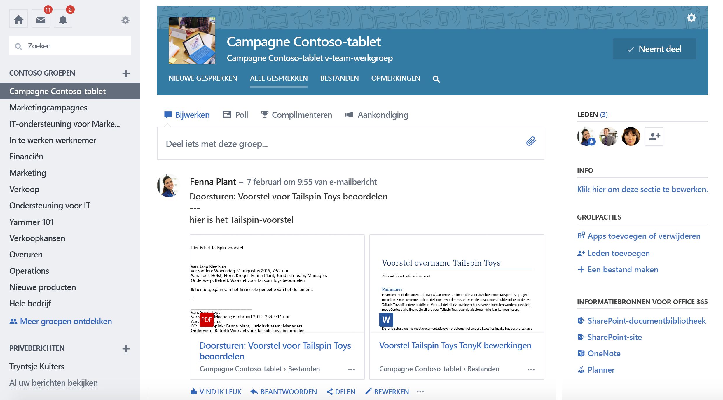 Schermafbeelding van Office 365 met Yammer-groepsgesprekken