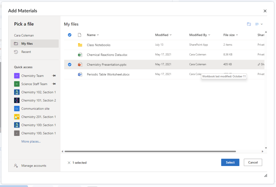 Voeg een OneDrive-document toe aan een Brightspace-toewijzingseditor met behulp van de knop Bijvoegen.