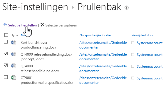 Prullenbak tweede stadium van SharePoint 2013 met gemarkeerde knop Terugzetten