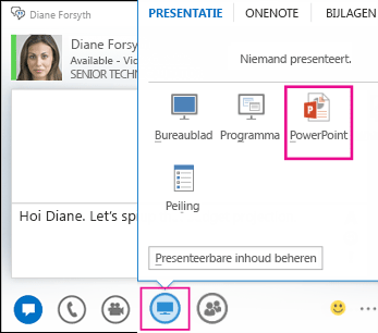 Schermafbeelding van het toevoegen van PowerPoint aan een chatgesprek