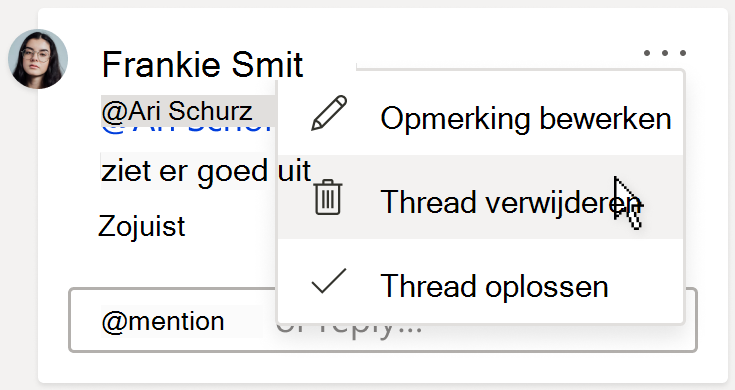 Een afbeelding van een opmerking, met de optie Thread verwijderen onder het menu Meer threadacties op de opmerkingskaart.