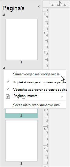 Een schermafbeelding toont een geselecteerde sectie, met de cursor die de optie Samenvoegen met vorige sectie aanwijst.