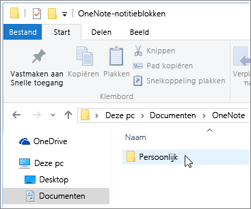 Schermafbeelding van de map Documenten van Windows met een notitieblokmap van OneNote.
