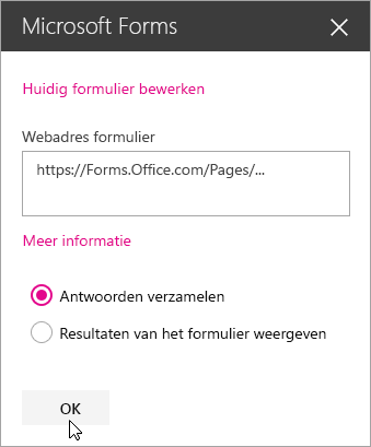 Wanneer u een nieuw formulier hebt gemaakt, ziet u het webadres van het formulier in het deelvenster Microsoft Forms-webonderdeel.