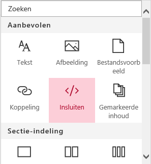 Schermafbeelding van het menu Inhoud insluiten in SharePoint.