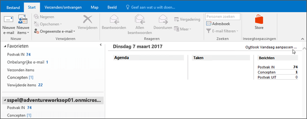 Schermafbeelding van de Outlook weergave Vandaag in Outlook, met de naam van de eigenaar van het postvak, de huidige dag en datum en de bijbehorende agenda, taken en berichten voor de dag.