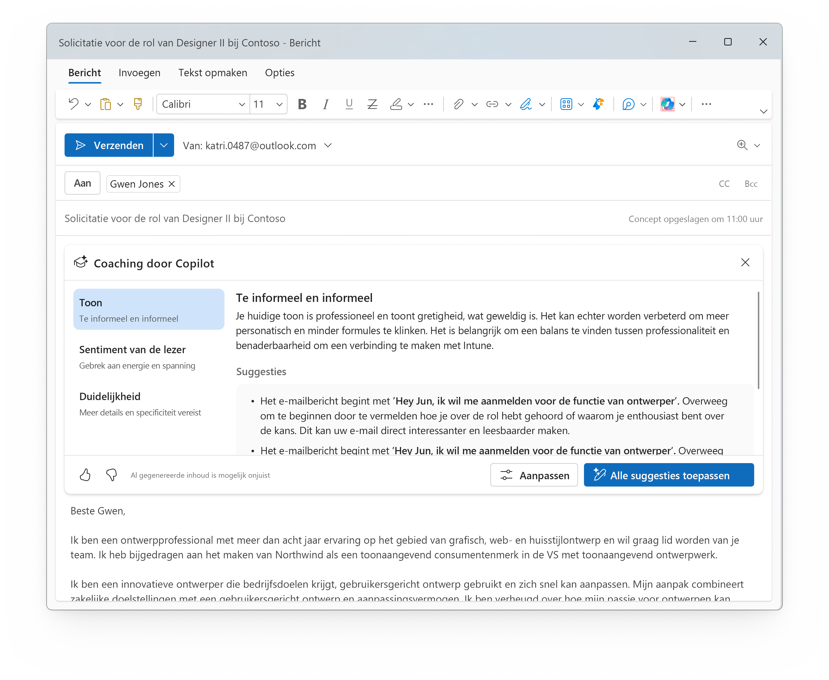 Een schermopname van Outlook geopend, met de knop Suggesties toepassen gemarkeerd.