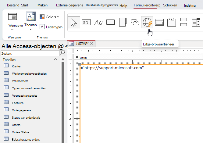 Op de knop Edge-browserbeheer wordt geklikt op het linttabblad Formulierontwerp in Microsoft Access