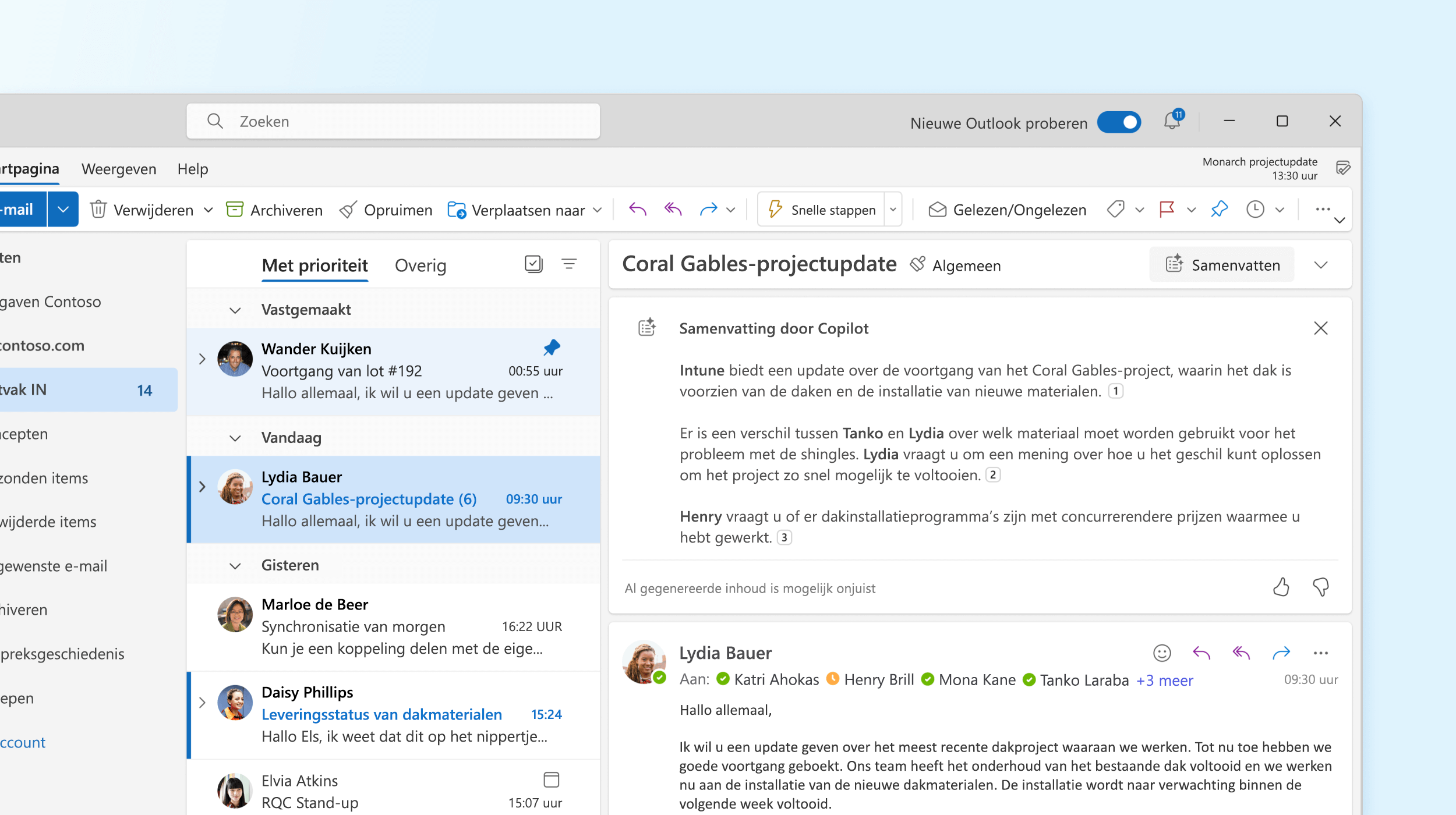 Schermopname van Samenvatting door Copilot in Outlook.