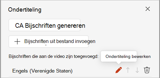 Knop Bijschriften bewerken voor een bijschrifttrack in het deelvenster Bijschriften.