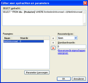 Editor voor opdrachten en parameters met SQL-parameterinstructie