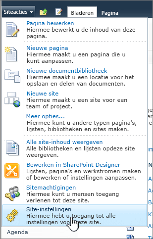 Site-instellingen in het menu Siteacties