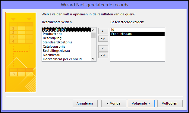 Selecteer de velden die u wilt zien in de queryuitvoer in het dialoogvenster van de wizard Niet-gerelateerde records