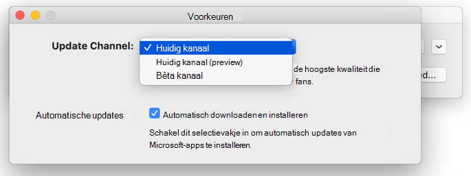 Afbeelding van Mac Microsoft AutoUpdate -> Voorkeurenvenster waarin updatekanaalkeuzes worden weergegeven.
