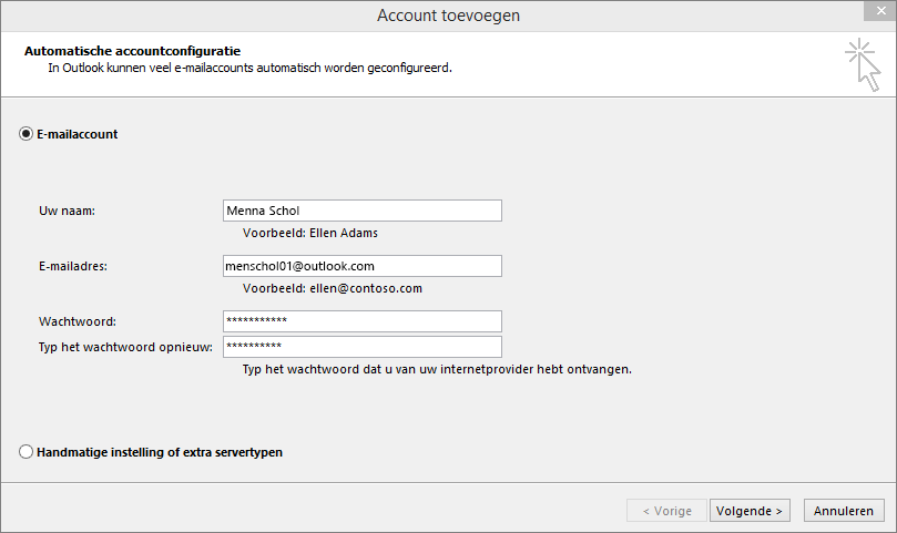 Automatische accountconfiguratie gebruiken om een e-mailaccount toe te voegen als onderdeel van een nieuw Outlook-profiel