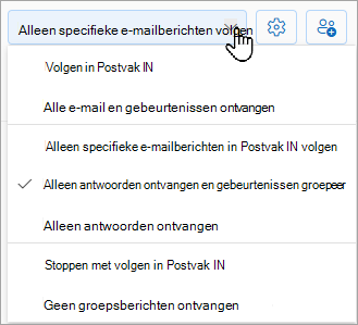 In de vervolgkeuzelijst ziet u de volgende opties: volgen in Postvak IN, alleen specifieke e-mailberichten in Postvak IN volgen of stoppen met volgen in Postvak IN.