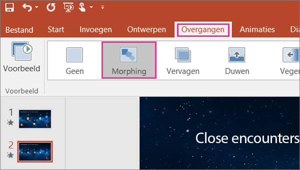 Toont de overgang Morphing in het menu Overgangen in PowerPoint 2016