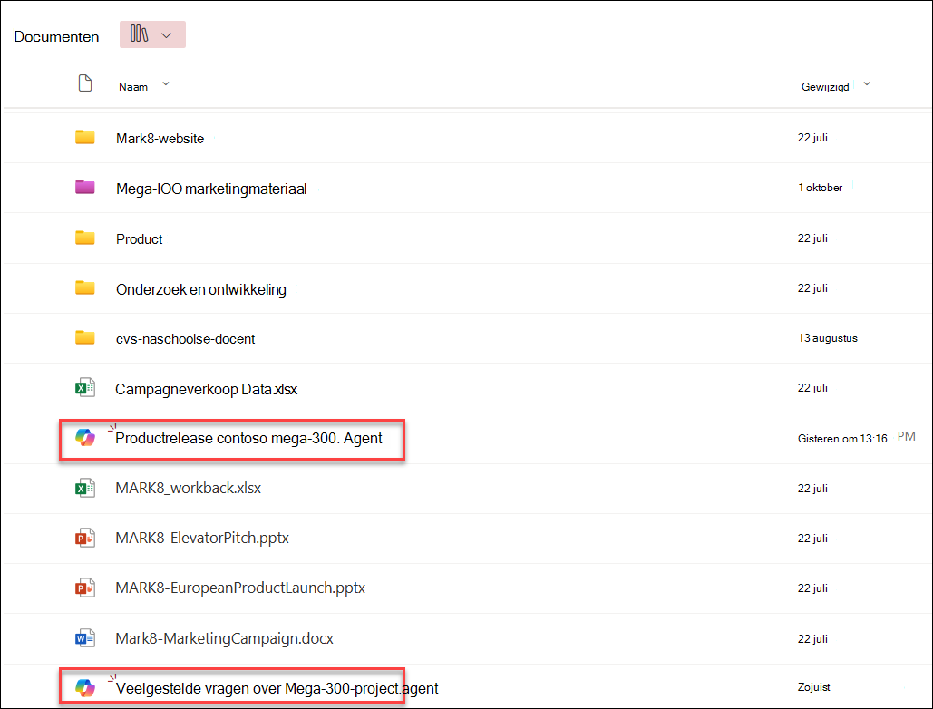 schermopname van copilot-agents opgeslagen in de huidige documentbibliotheekmap
