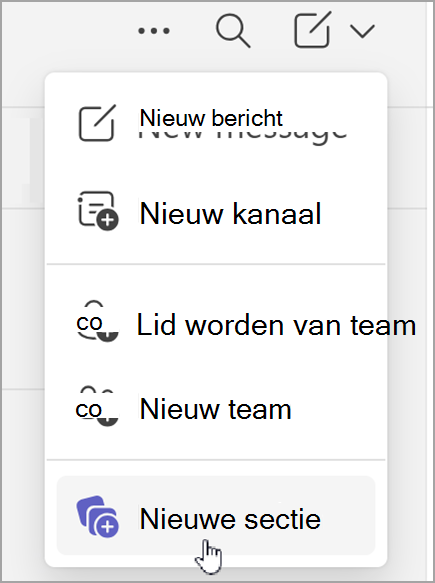 Schermopname van de optie om een nieuwe sectie te maken. Deze wordt weergegeven nadat u de optie nieuwe items hebt gekozen in de gecombineerde chatweergave of afzonderlijke teamsweergave.