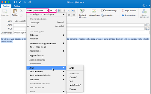Lettertype- en lettertypegroottekiezers in Outlook voor Mac