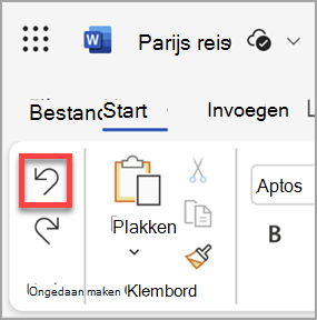 De knop Ongedaan maken in de webversie van Microsoft Word.