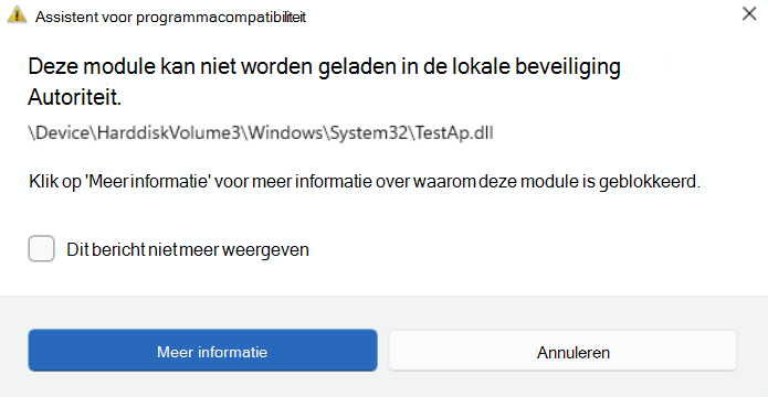 Waarschuwing wordt gestart wanneer LSA-beveiliging het laden van een bestand blokkeert.