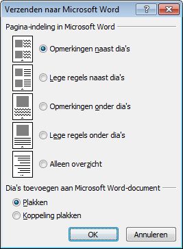 Dialoogvenster Verzenden naar Microsoft Word