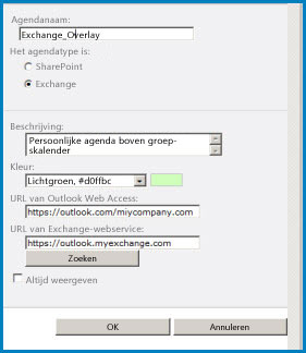 Schermafbeelding van het dialoogvenster Agenda-overlay in SharePoint. In het dialoogvenster worden de naam van de agenda, het type agenda en de URL's voor Outlook Web Access en Exchange Web Access weergegeven.